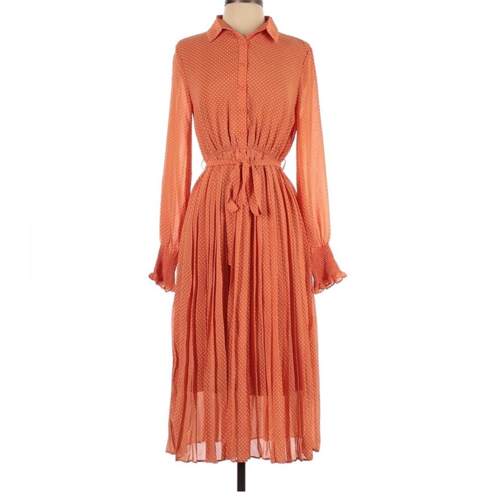 88. Melloday Darling Orange Polka Long Sleeve V neck Button up Dress